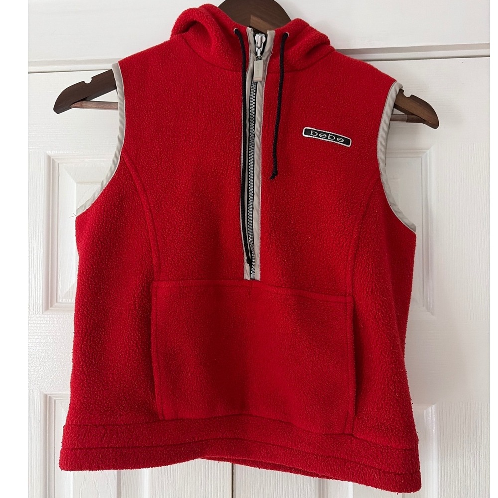 Bebe BBSP Red Fleece Hooded Vest Half Zip Sleeveless Jacket Kids Large EUC‎
